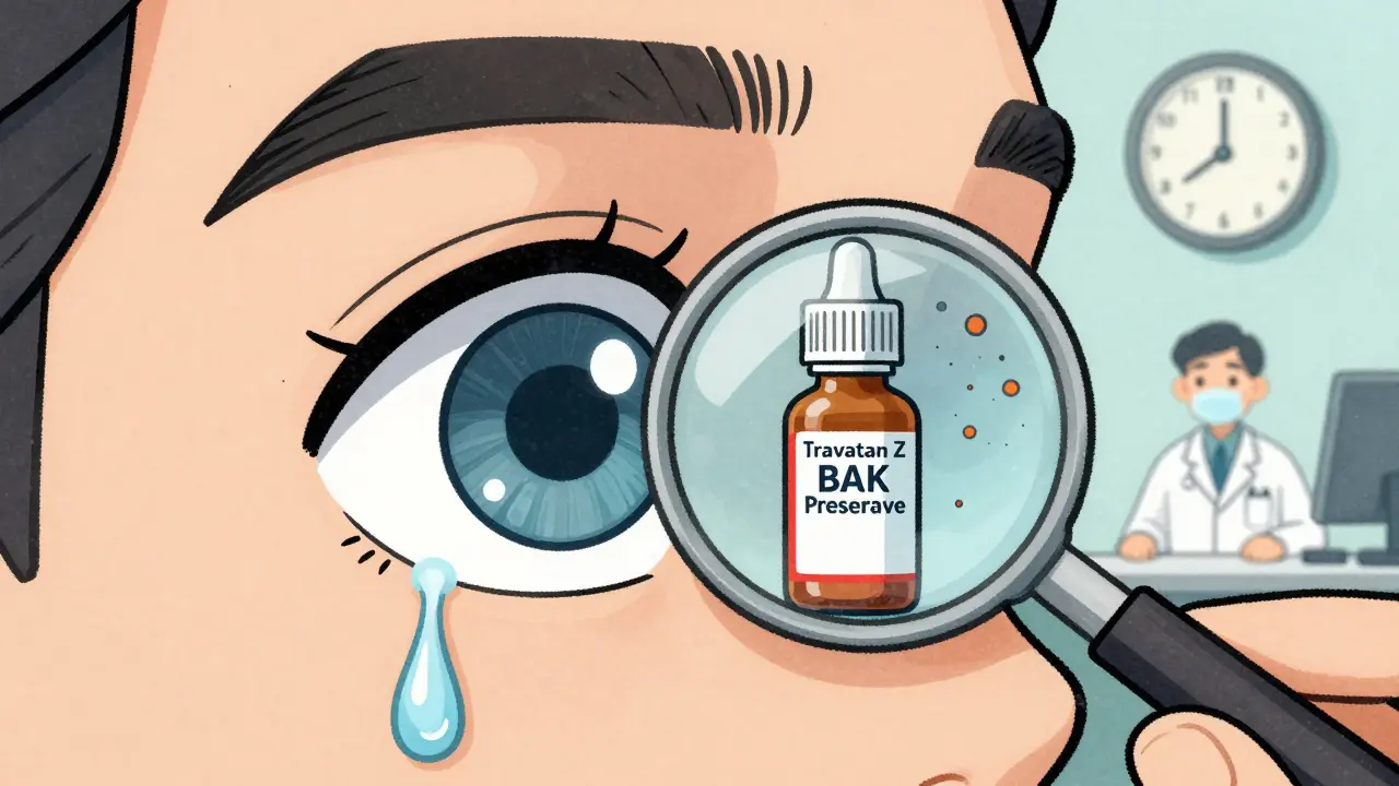 Patient’s eye reflecting two eye drop bottles, one branded and one generic, with tears and microscopic irritants visible.
