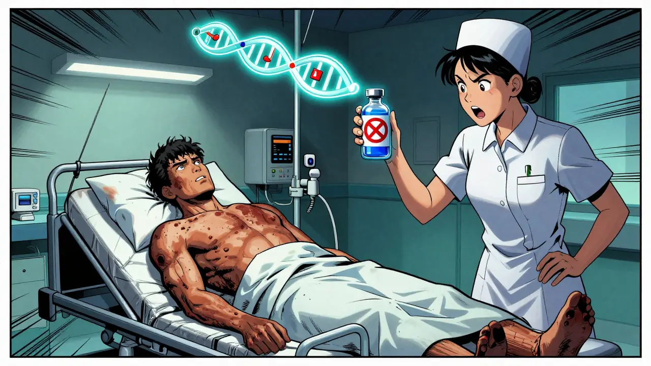 Patient with jaundiced skin being rushed in ER as a forbidden drug vial is shown with a red prohibition symbol.