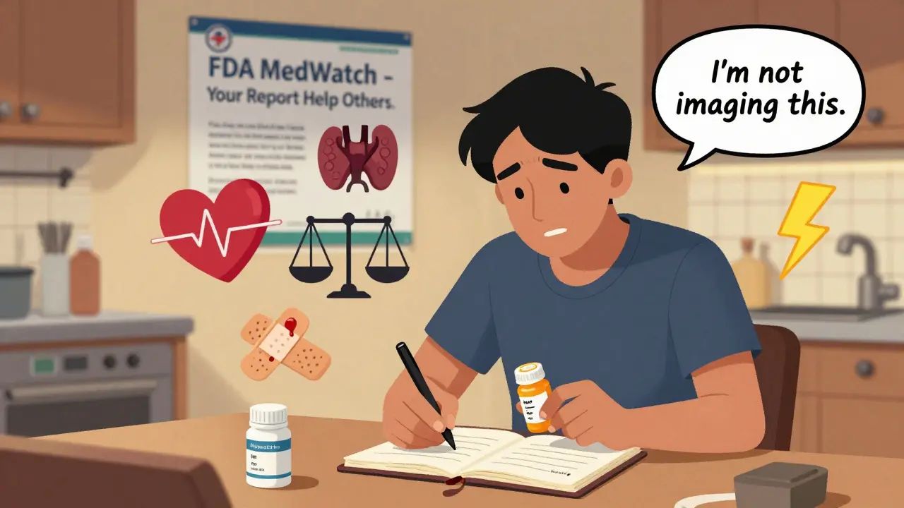 Person writing in a notebook with floating medical symptom icons around them, labeled 'I’m not imagining this.'