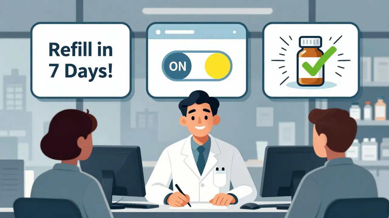 Pharmacist and customer interact with digital refill reminders and toggle switch, comic-style illustration.