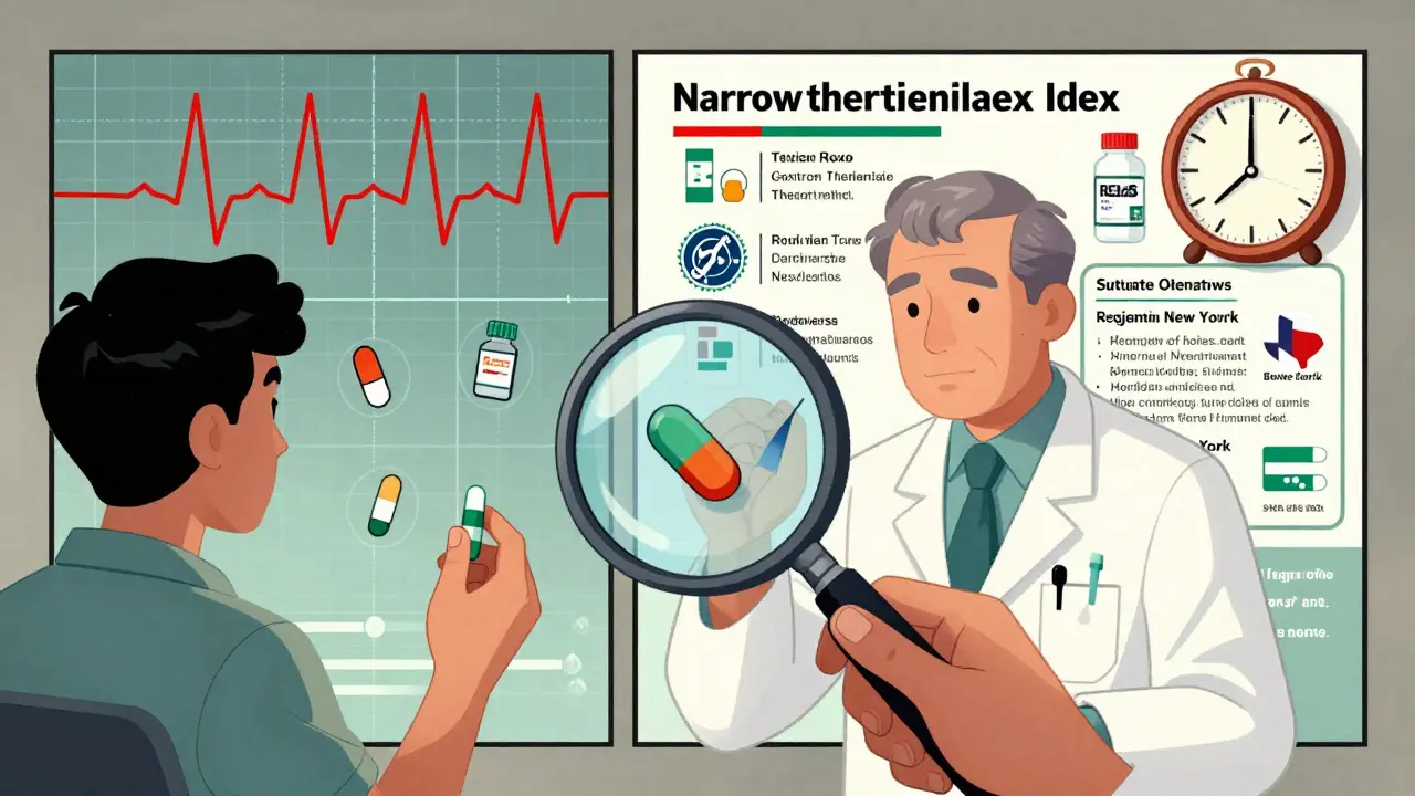 Pharmacist examining a drug under magnifying glass with state laws and ECG spike visualized around them.