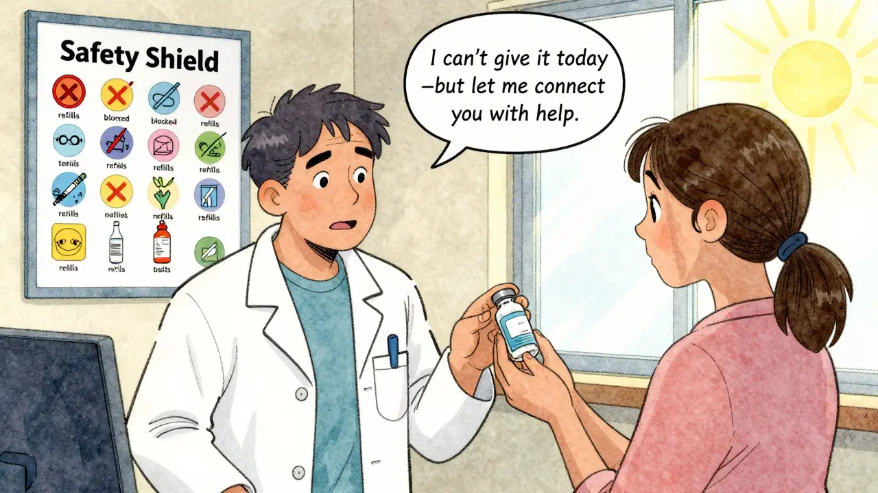 Pharmacist offering support to a mother without insulin, with a safety sticker wall in background.