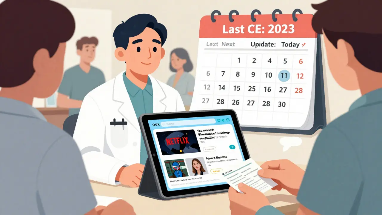 Pharmacist using AI tablet for personalized continuing education recommendations in a pharmacy.