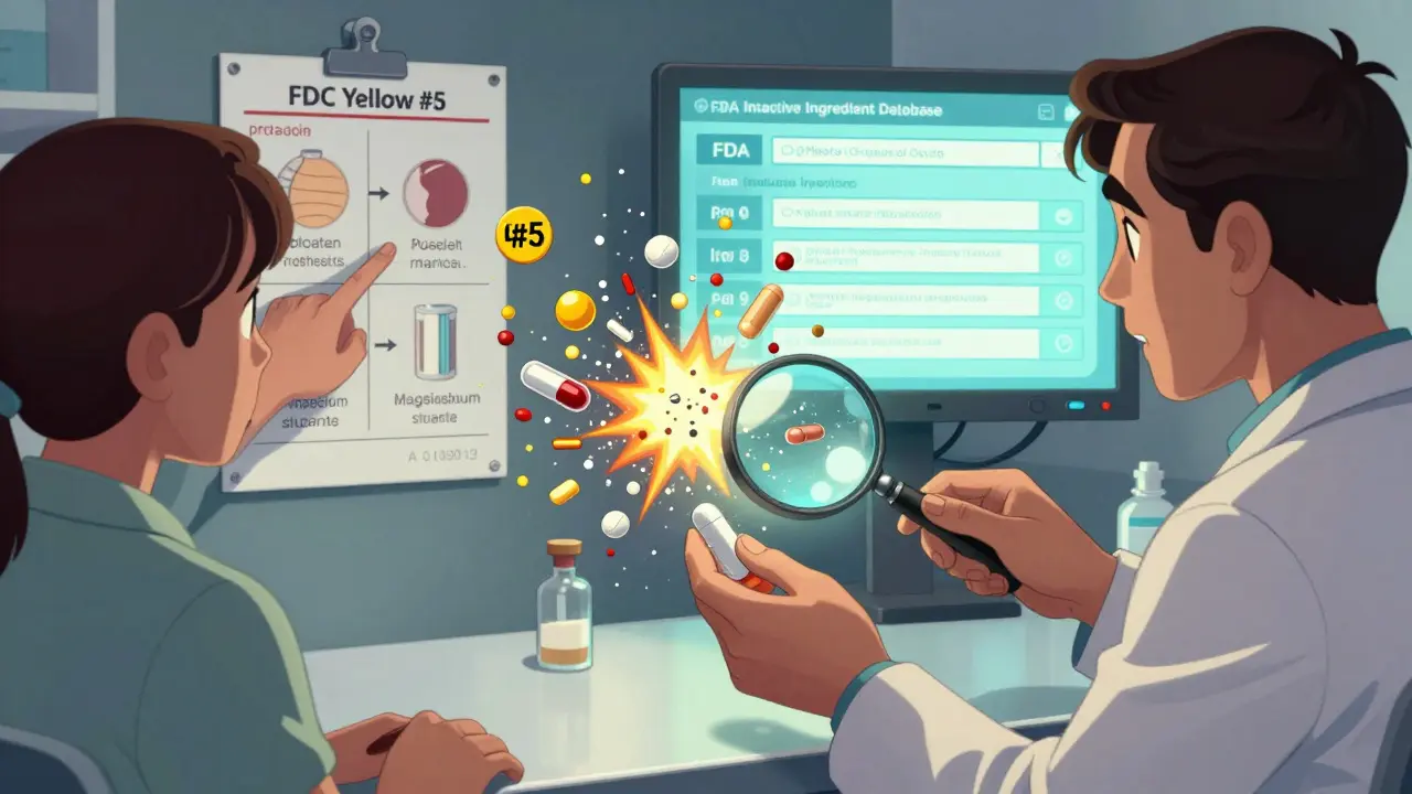 Pharmacist using magnifying glass to reveal hidden excipients floating in air around a tablet.