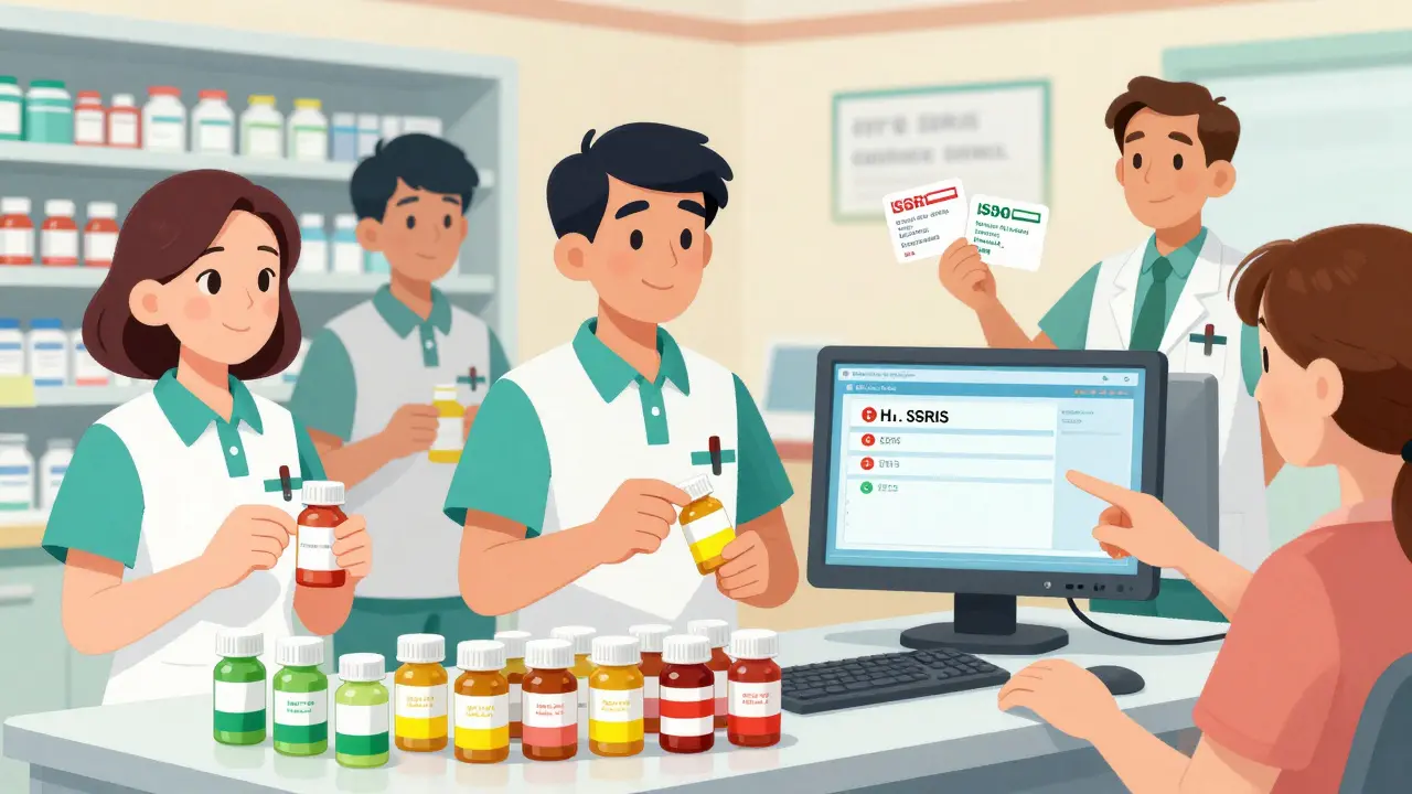 Pharmacy team using color-coded stickers to manage prescription risk levels.