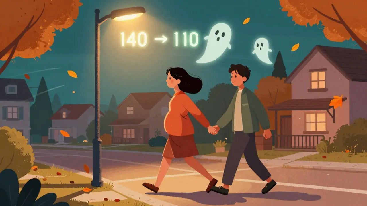 Pregnant woman walking after dinner with floating blood sugar readings.