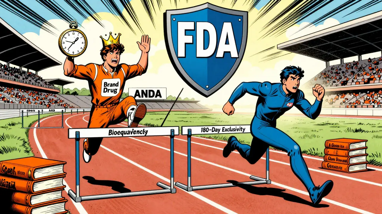 Race track with brand and generic drug competitors racing past FDA hurdles under the ANDA banner.