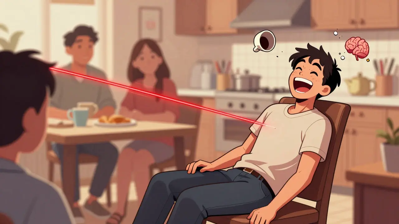 Someone experiencing cataplexy during laughter, body weakened but mind alert, in comic illustration style.