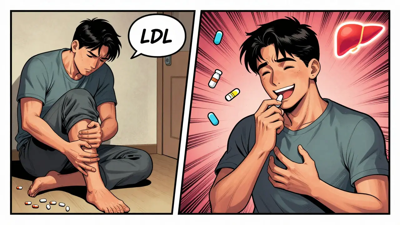Split comic panel: patient with statin side effects vs. same person thriving on bempedoic acid.