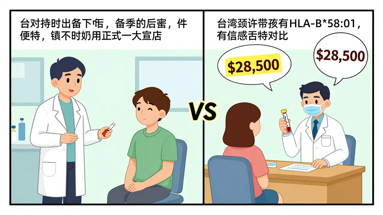 Split-panel: U.S. doctor prescribes without test vs. Taiwanese clinic doing quick HLA screening, with cost and hospital bill icons.