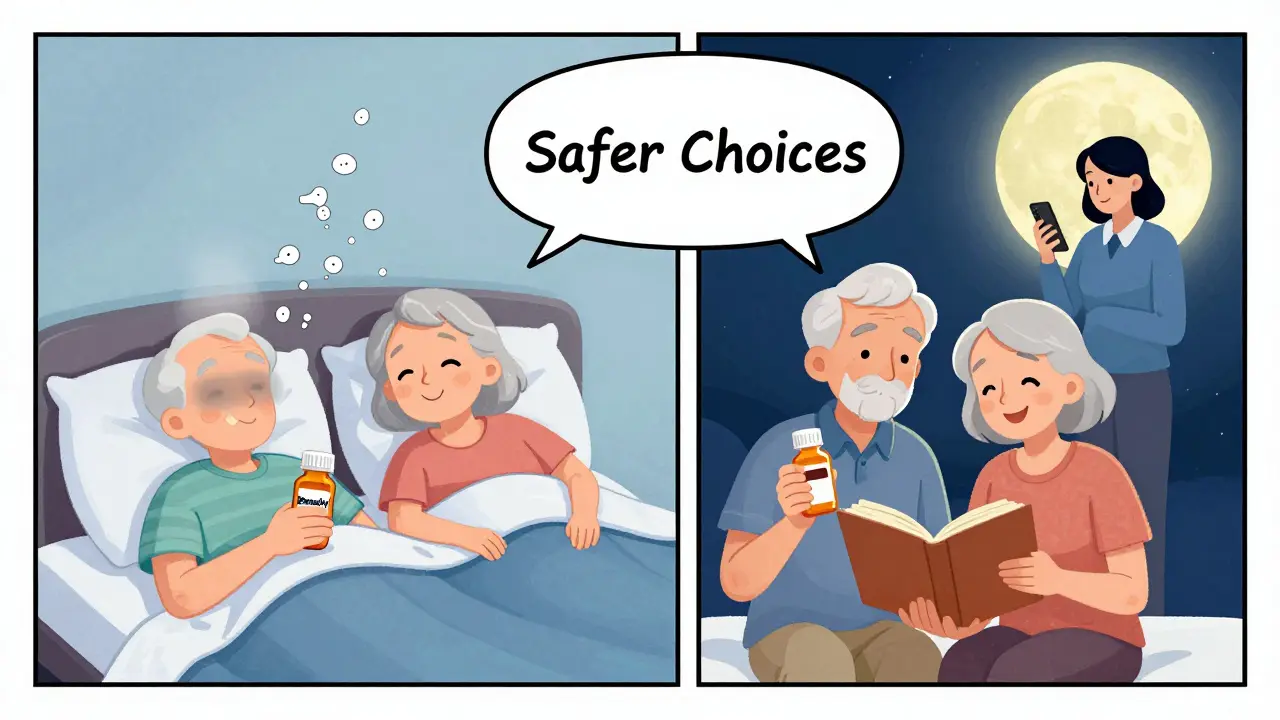 Split scene: confused elderly couple on left, happy and alert on right with safer sleep alternatives.