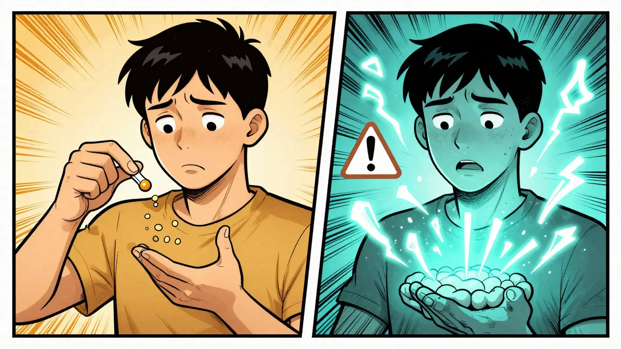 Split scene: one person taking GABA with no effect, another taking kava with glowing warning signals around brain receptors.