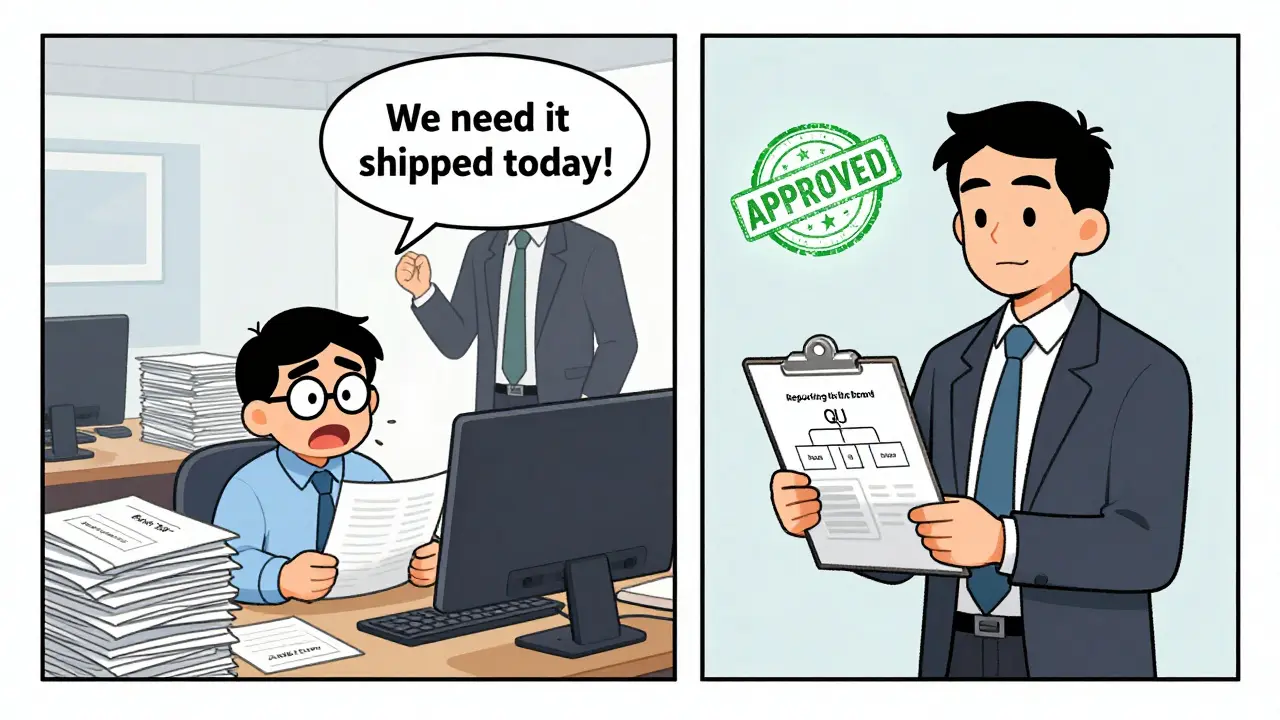 Split scene: overwhelmed quality worker vs. empowered one reporting to CEO with clear org chart.