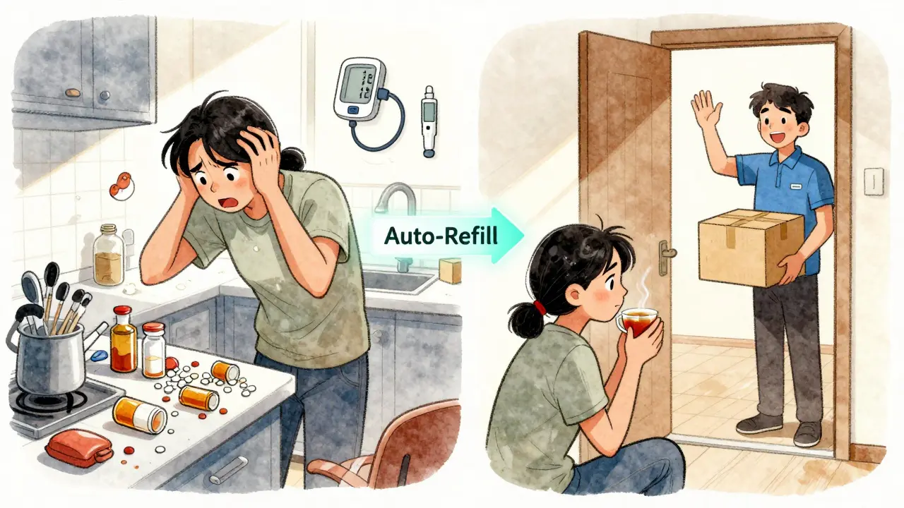 Split scene: stressed person searching for pills vs. calm person receiving automatic refill delivery.
