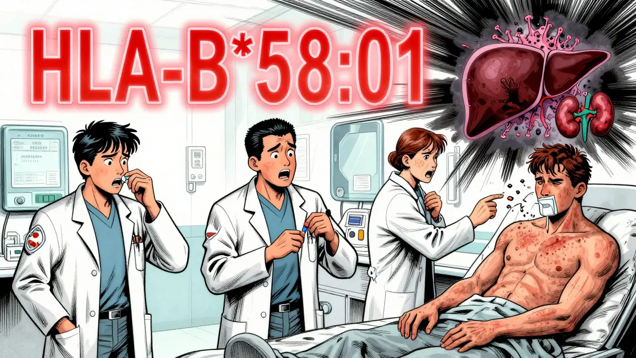 Three doctors dismissing a patient with rash and fever, while a glowing gene symbol and virus threaten internal organs in the background.