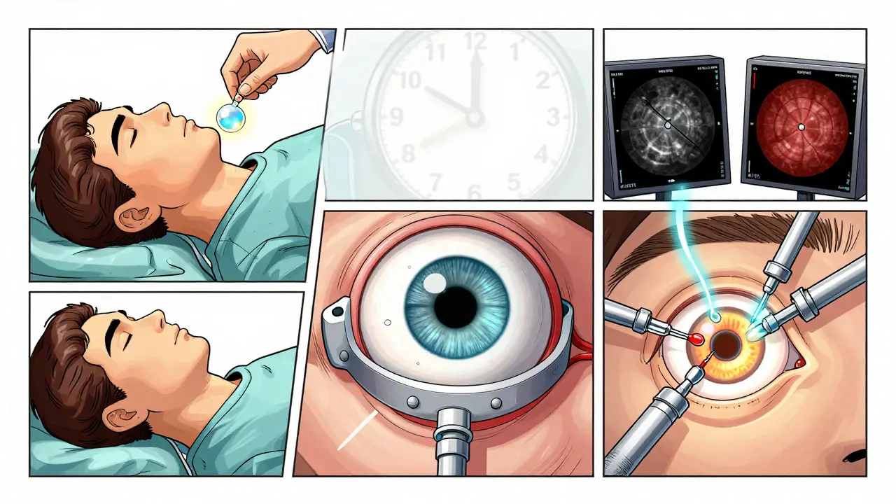 Three retinal surgery methods illustrated side by side with medical details and a ticking clock.