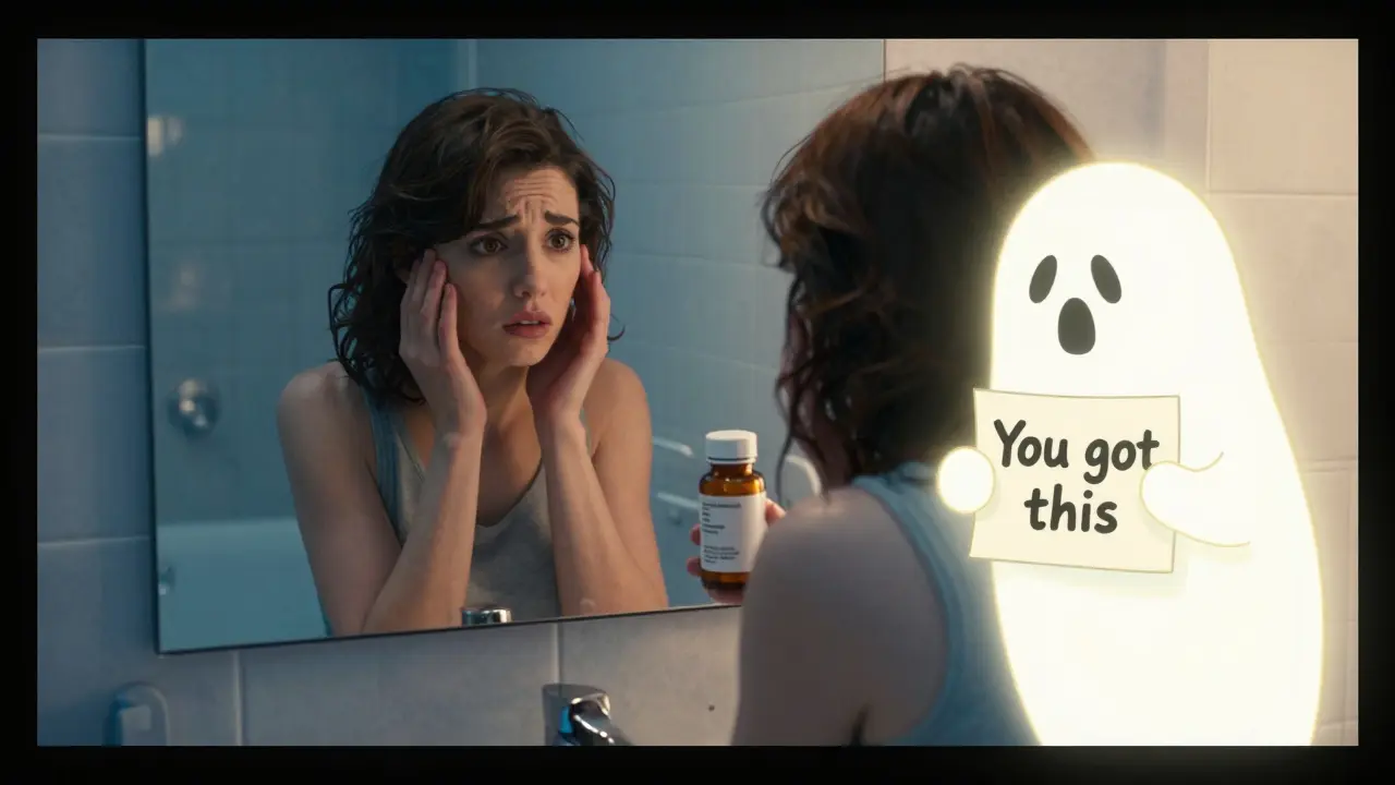Woman looking at her generic pill bottle in the mirror, with a reassuring ghostly figure beside her.