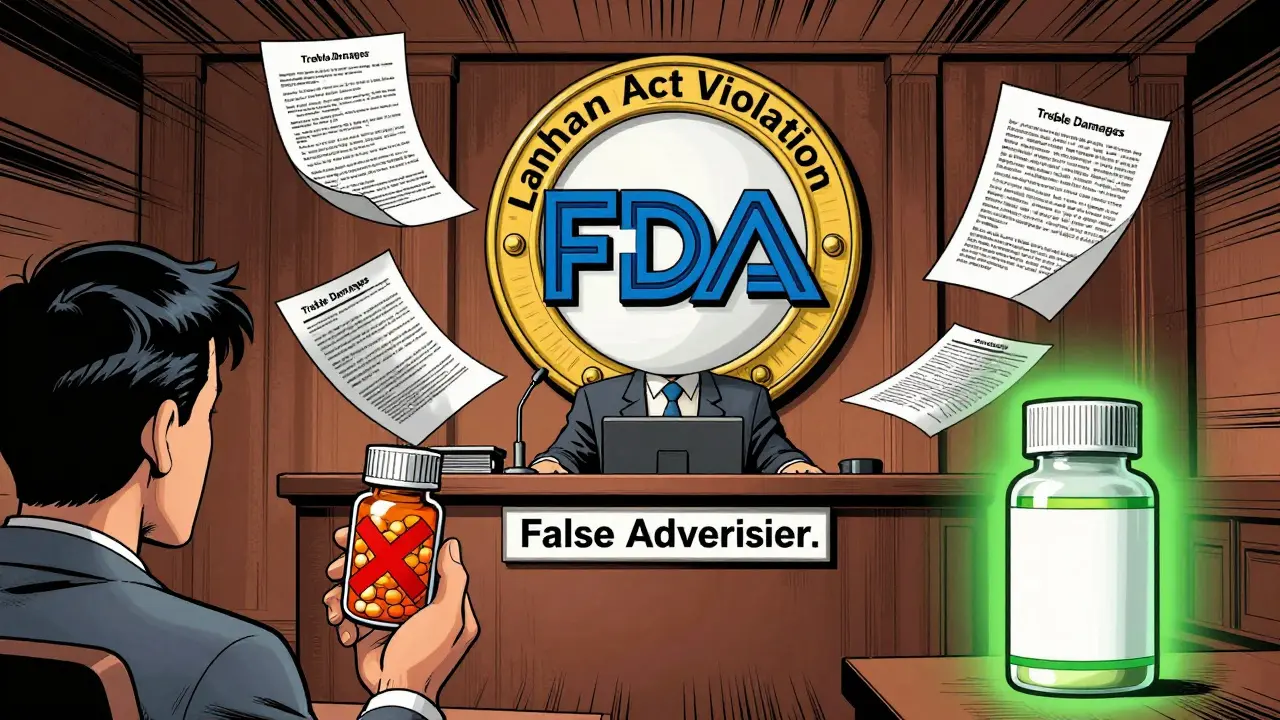 A courtroom scene with an FDA emblem towering over a deceptive advertiser, while a patient holds a rejected generic medication.