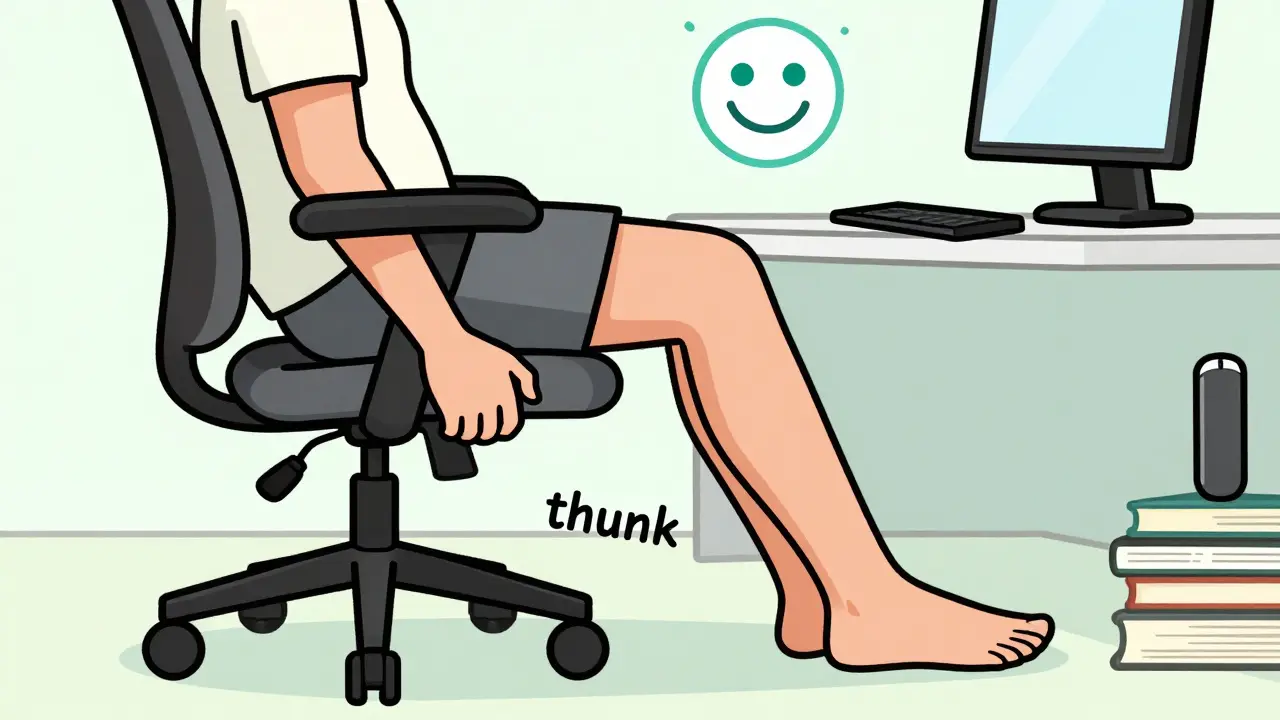 A person adjusting their chair with proper posture, lumbar support in place, and monitor on books.