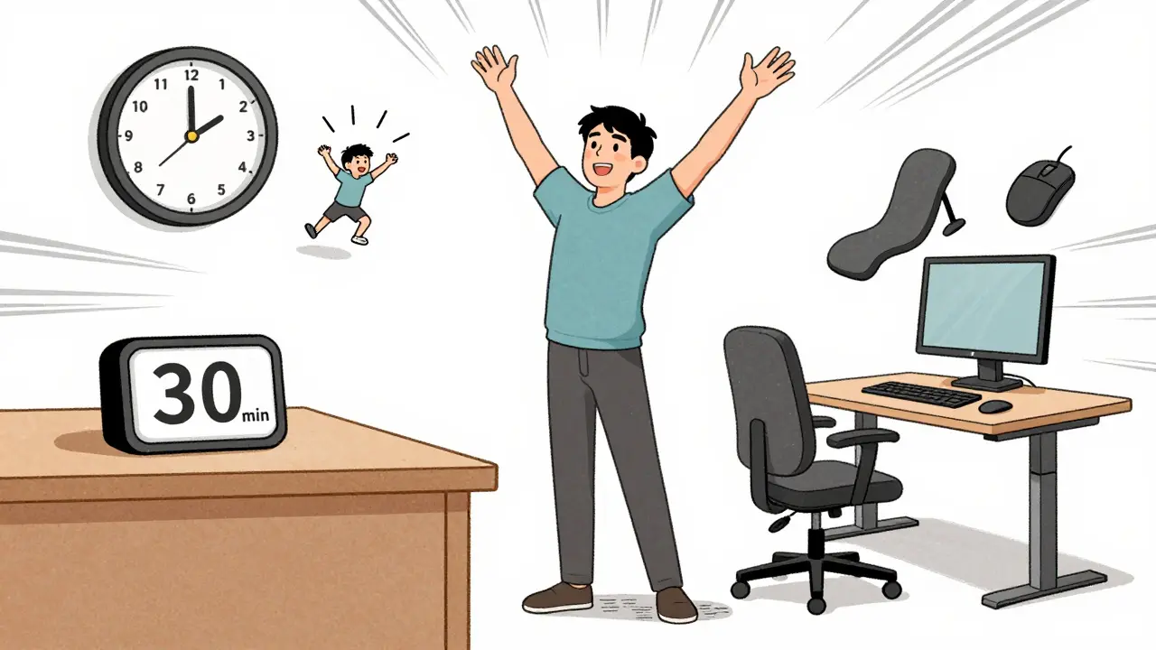 A person stretching during a microbreak, with floating ergonomic icons and a timer showing 30 minutes.