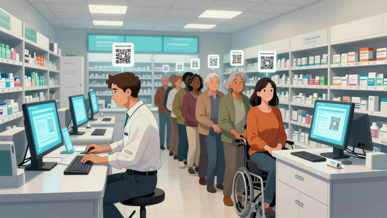 A pharmacist surrounded by automated systems while patients wait anxiously with floating digital prescriptions.