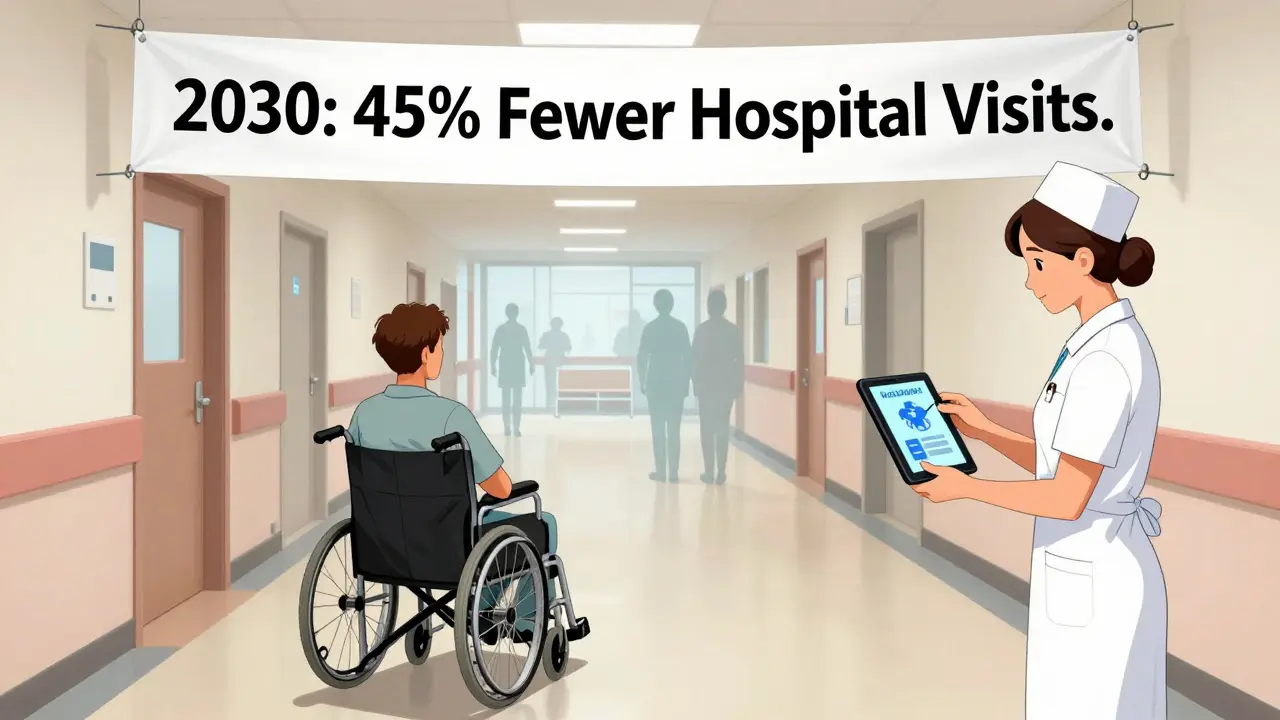 An empty hospital corridor with a banner about reduced visits, as a nurse hands a patient a tablet for virtual care.