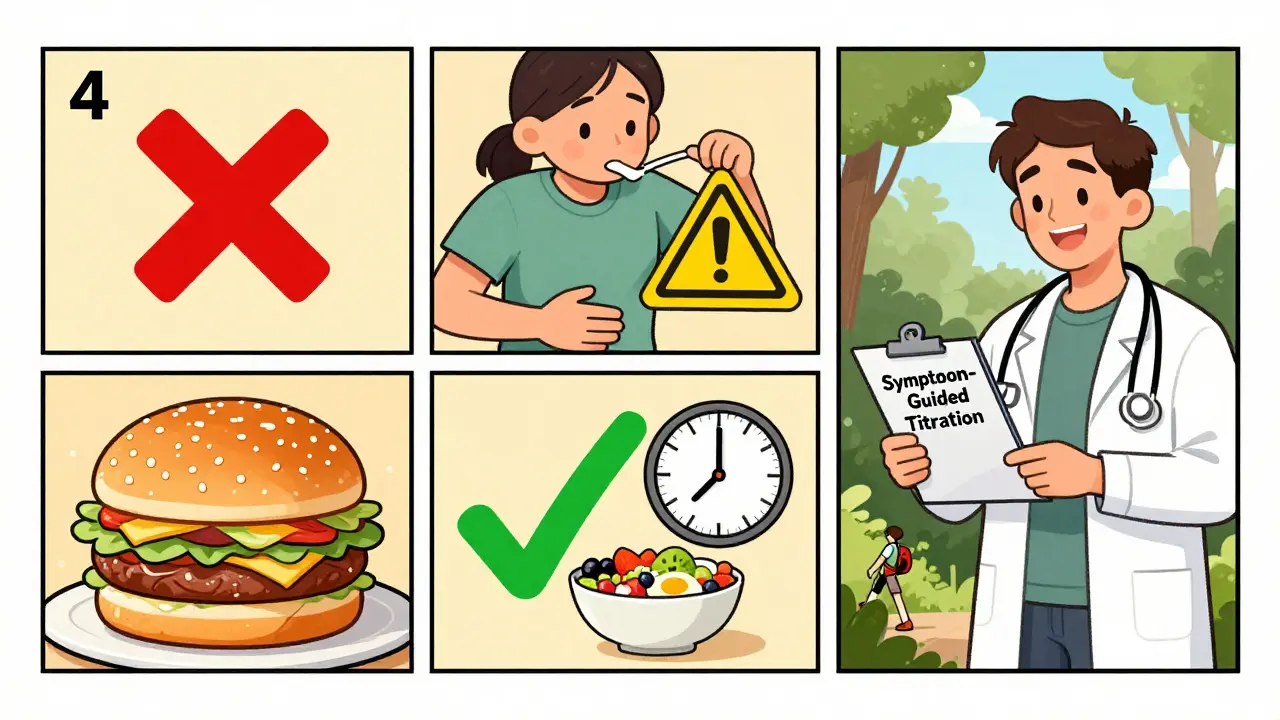 Comic-style calendar showing symptom-guided dose titration with visual cues for nausea, waiting, and successful progression.
