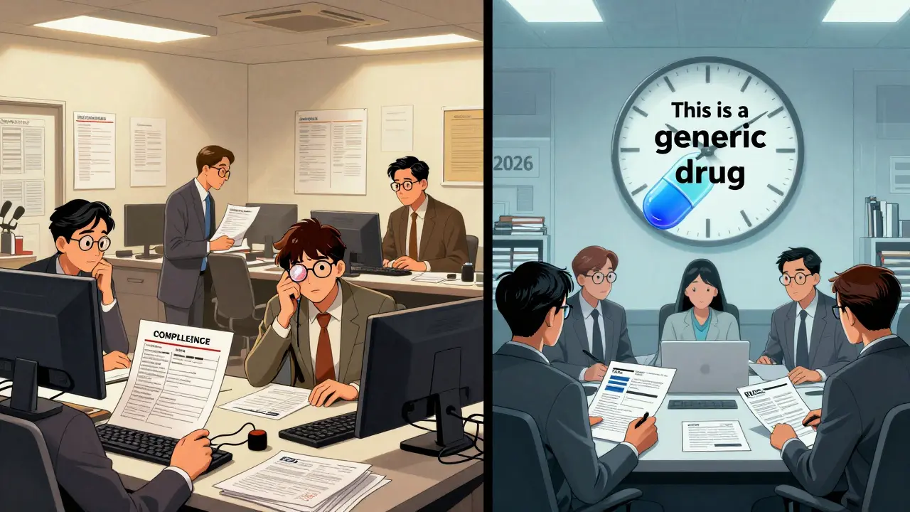 Contrasting scenes of chaotic non-compliance vs organized regulatory compliance in a pharmaceutical advertising team.