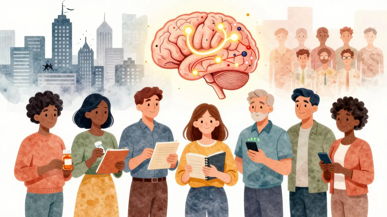 Diverse adults holding ADHD management tools, with a glowing brain showing improved neural activity in a supportive setting.