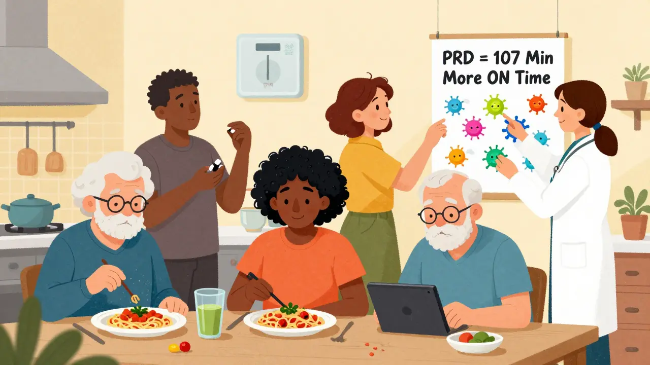 Diverse Parkinson’s patients using dietary strategies with a dietitian, in colorful cartoon illustration.