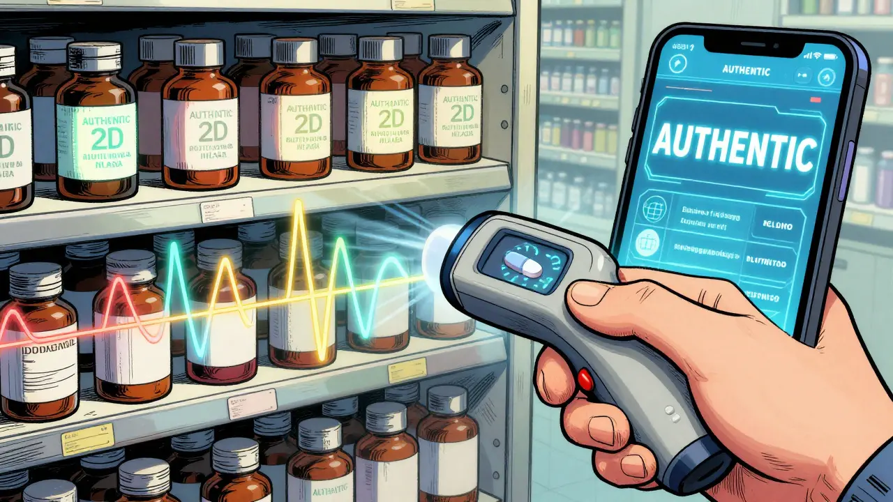 Handheld device scanning a pill with molecular waveforms confirming authenticity, while some bottles glow with digital codes.