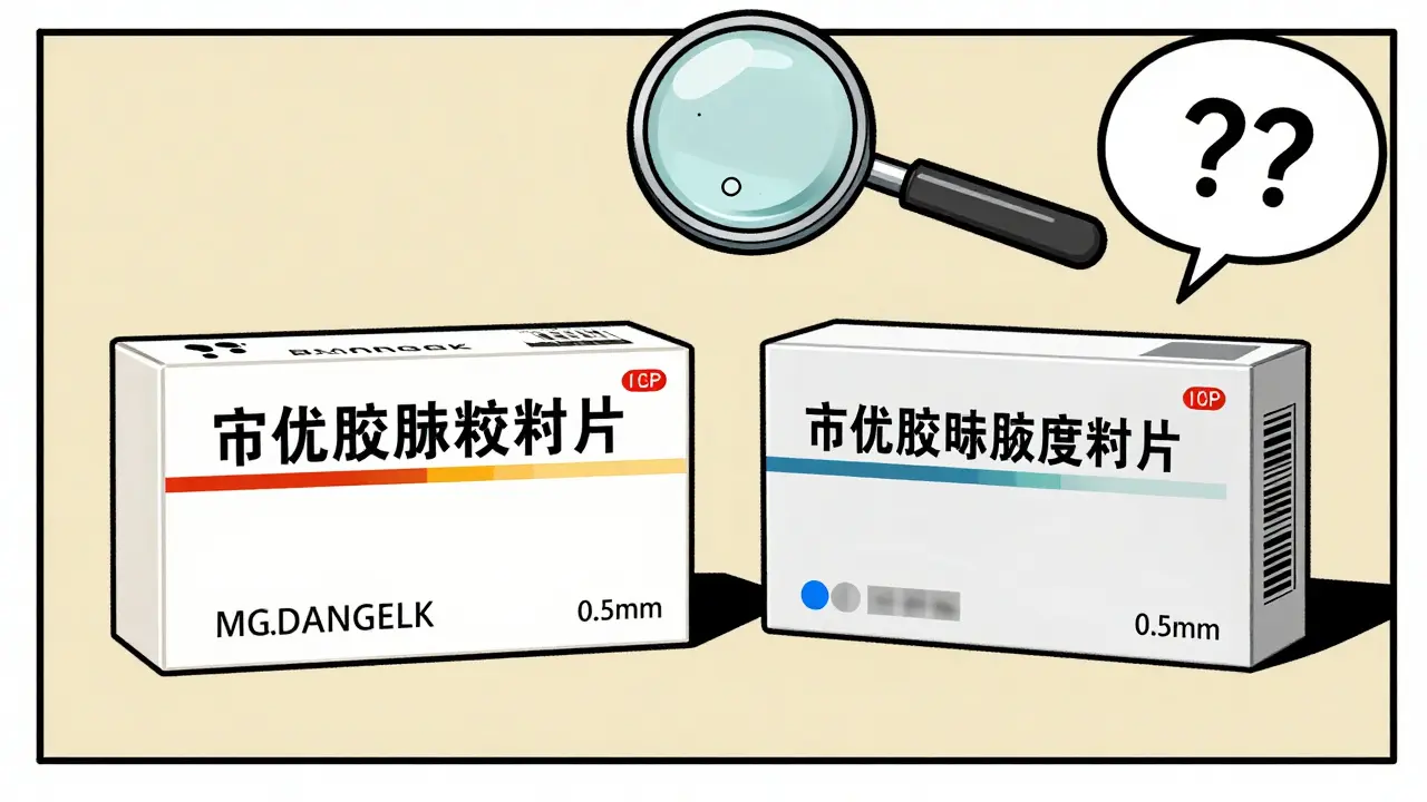 Patient comparing two medicine boxes, noticing tiny differences in text alignment and printing quality.