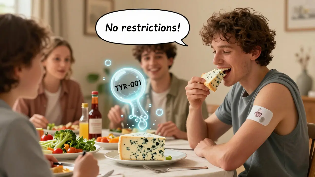 Person eating cheese with glowing enzyme neutralizing tyramine, surrounded by safe foods and warm lighting.