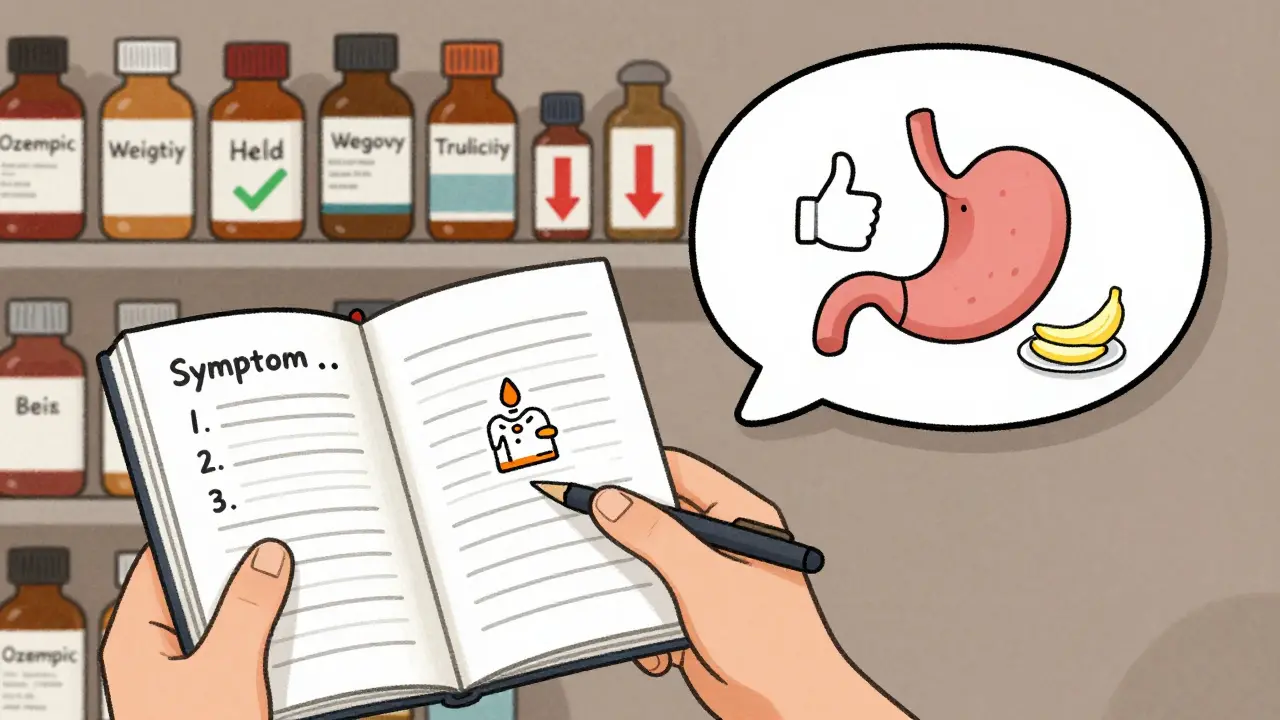 Person tracking GI symptoms in a journal while a stomach icon gives a thumbs-up, symbolizing improved tolerance through careful management.