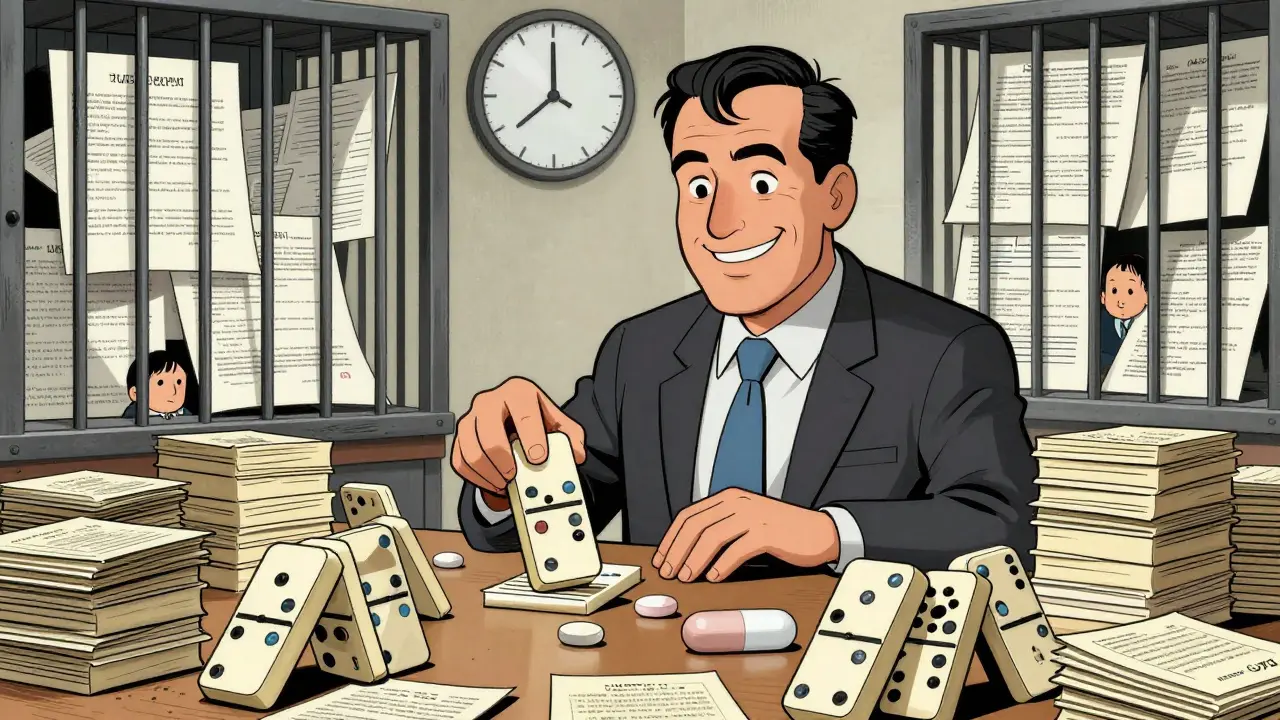 Pharmaceutical executive stacks dozens of trivial patents around a pill to block generic competition.