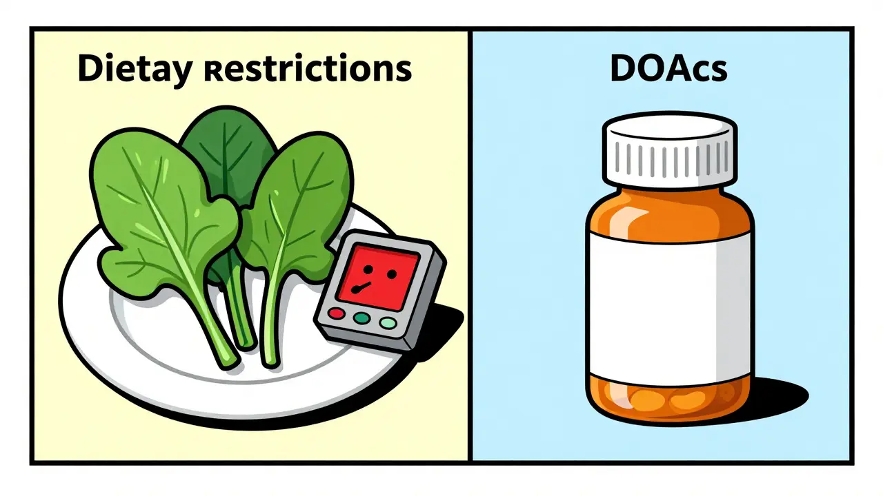 Split comic panel showing warfarin dietary needs versus DOACs' simplicity.