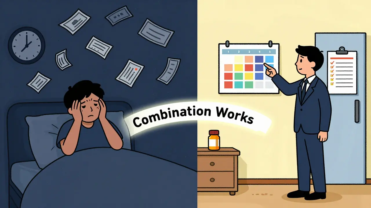 Split illustration: overwhelmed adult vs. same person thriving with coaching, medication, and organizational tools.