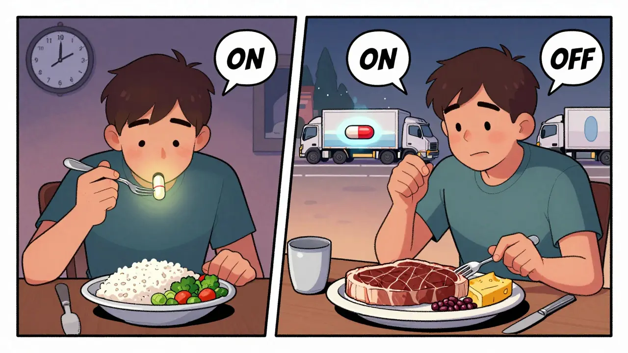 Split scene: low-protein lunch with smooth medication absorption vs. high-protein dinner with no interference.