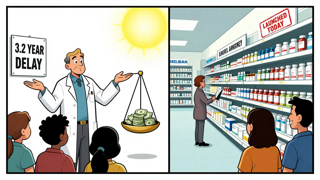 Split scene: U.S. drug delays vs. Europe's quick generic access, showing contrasting patient outcomes.