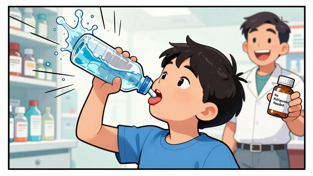 A child swallows a mini-tablet using a water bottle, smiling pharmacist watches.