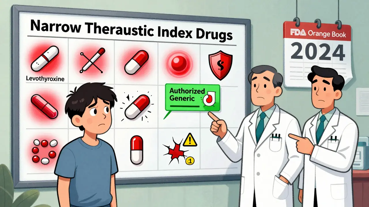 A patient stands before a chart of critical medications, with an authorized generic pill marked as safe and reliable.