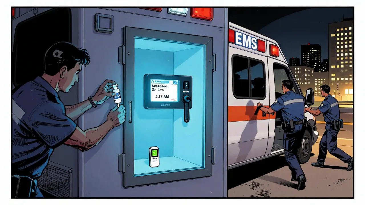 An EMS paramedic pulls emergency medication from a temperature-controlled locked cabinet inside an ambulance at night.