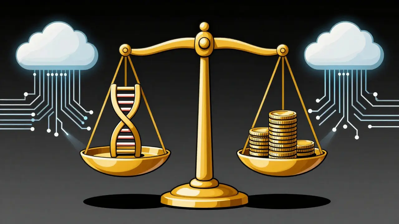 Balance scale holding medicine and digital tech symbols illustrated.