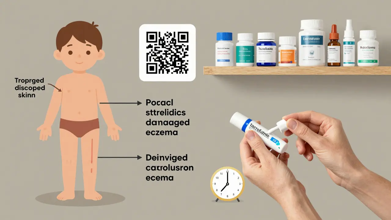 Child with eczema showing absorption pathways, safe cream application, and stored medication.