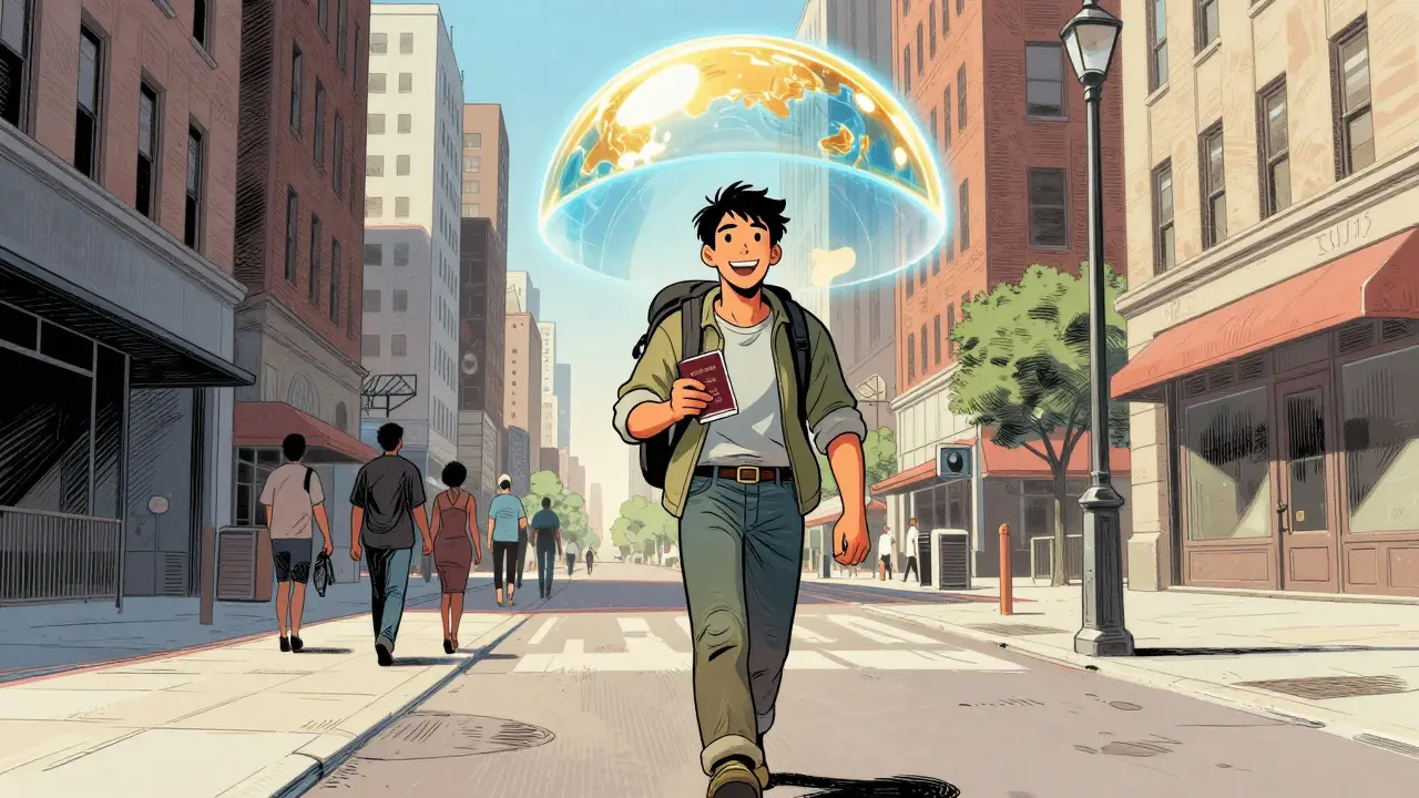 Confident traveler walking under a glowing protective shield.