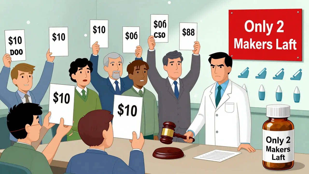 Drug manufacturers bidding in auction, one bottle marked 'Only 2 Makers Left' with warning sign.