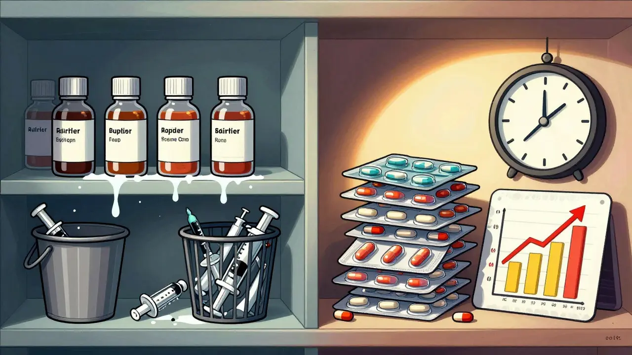 Expired liquid meds in trash vs. long-lasting tablets on shelf with savings chart.