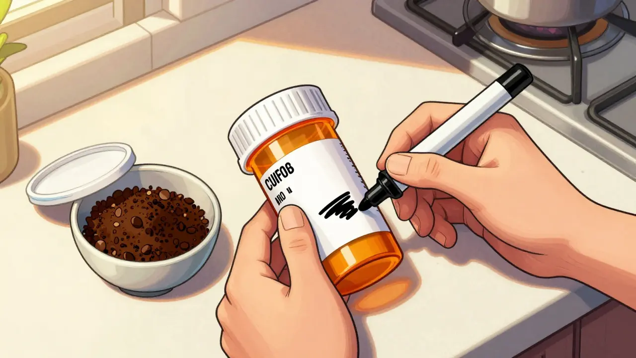 Hands blacking out prescription label with marker on kitchen counter.