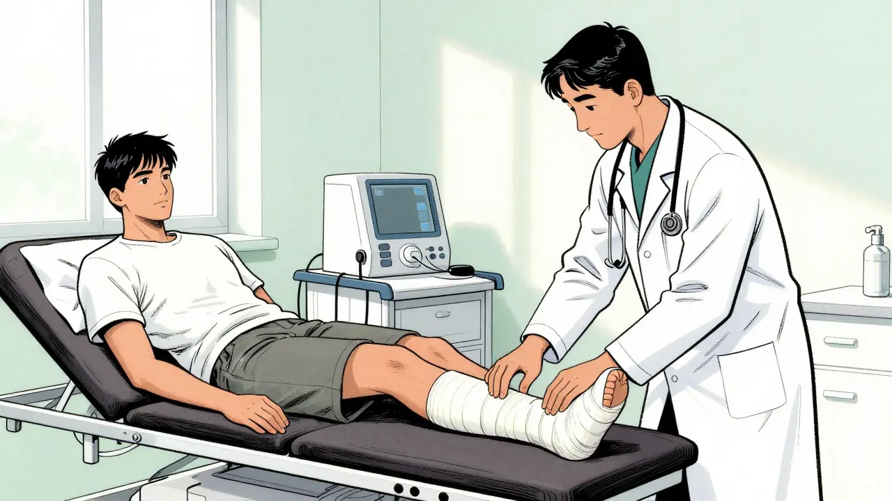 Medical professional treating an injured leg with a new cast.
