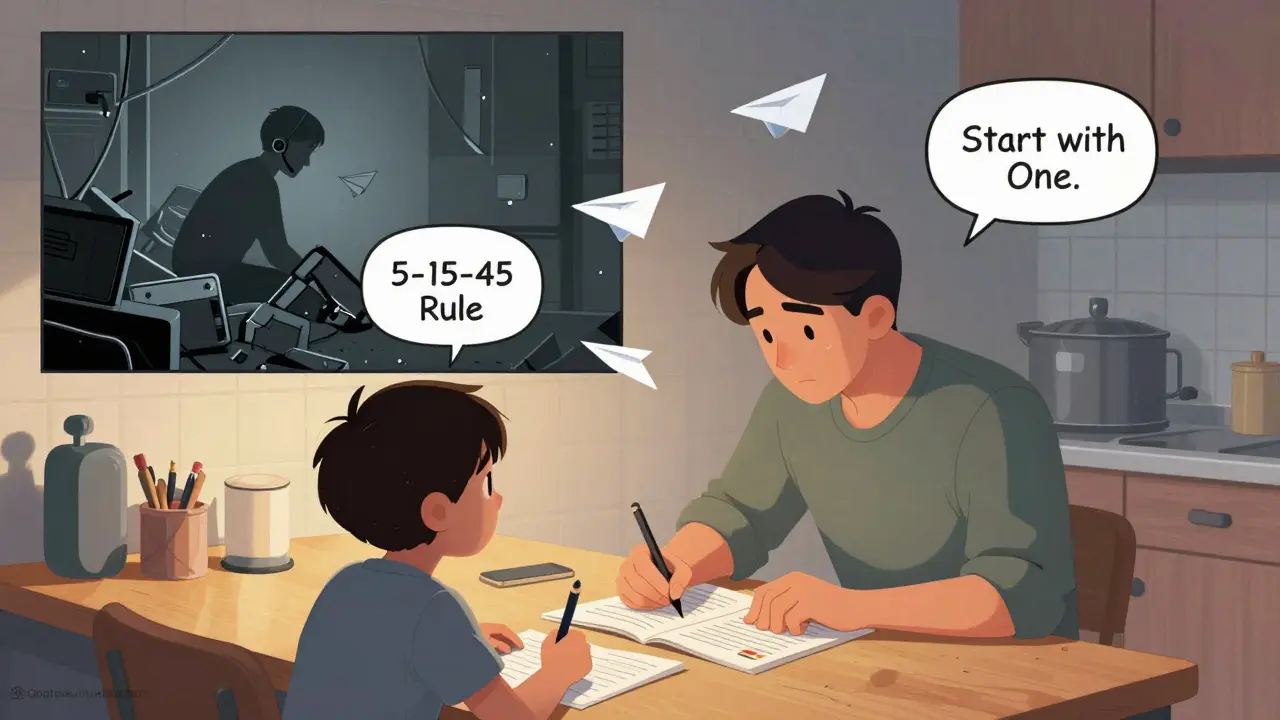 Parent and child creating study guides with NotebookLM, while tech overload looms in the background.